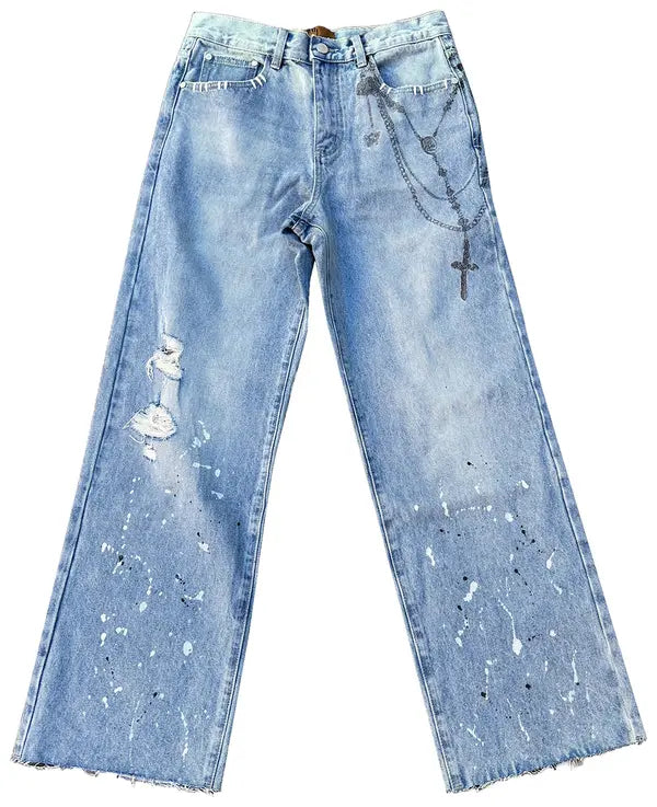 Chain Ink Print Detailed Patch Jeans