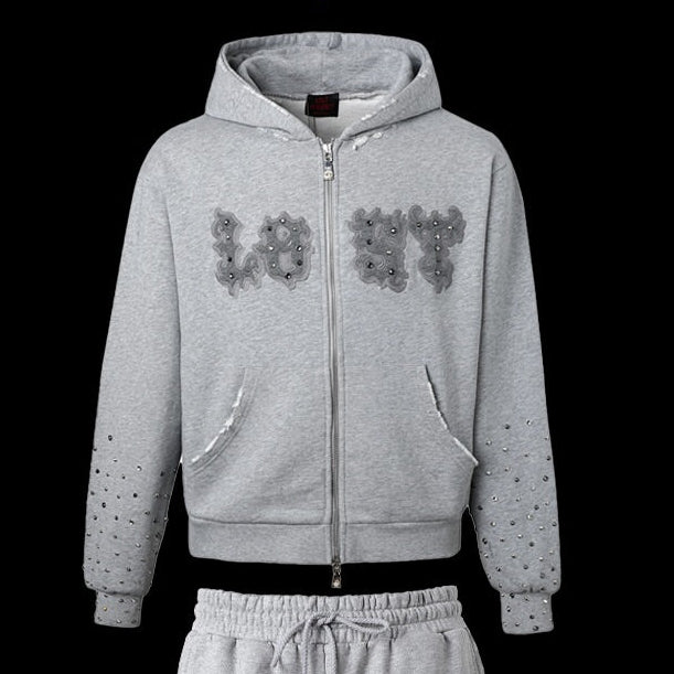 Ash Grey Patch Zip Up Rainbow Stones