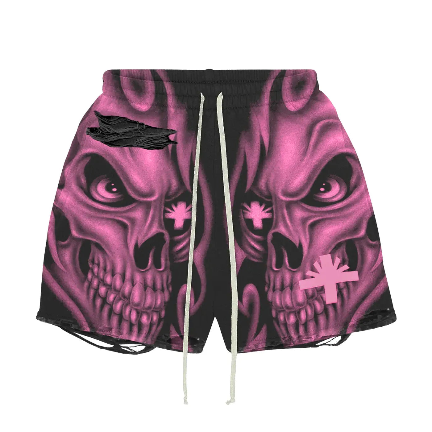 Skull Storm Distressed Shorts Black/Pink