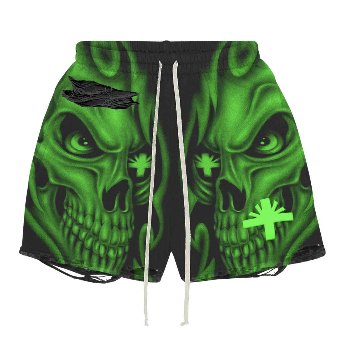 Skull Storm Distressed Shorts Black/Green