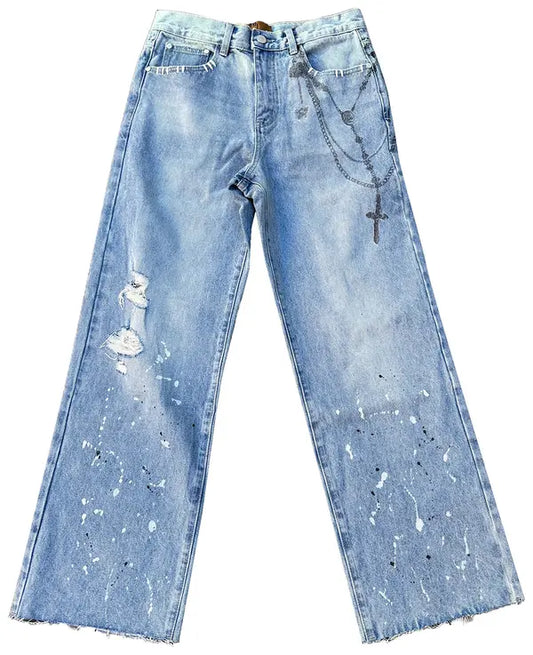 Chain Ink Print Detailed Patch Jeans