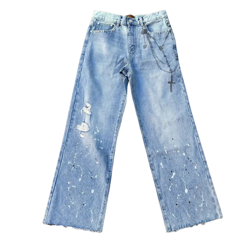 Chain Ink Print Detailed Patch Jeans