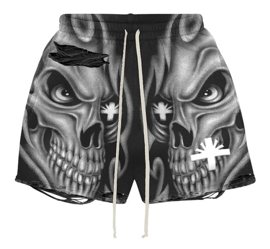 Skull Storm Distressed Shorts Black/Grey
