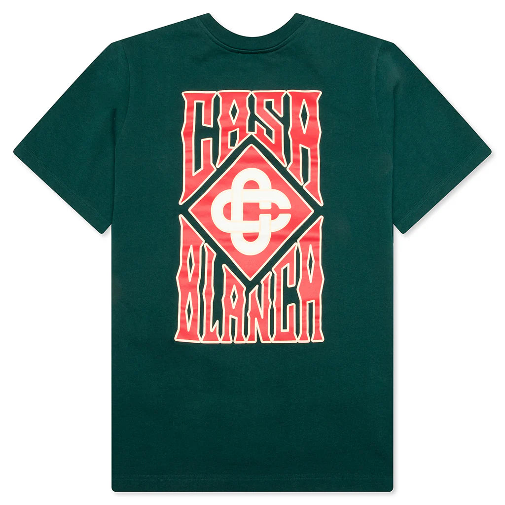 gothic stacked logo screen printed tee green jersey