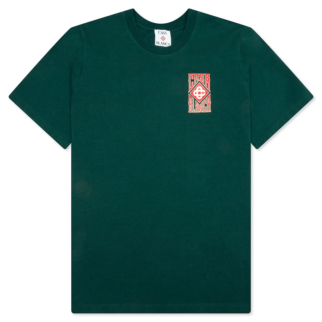 gothic stacked logo screen printed tee green jersey
