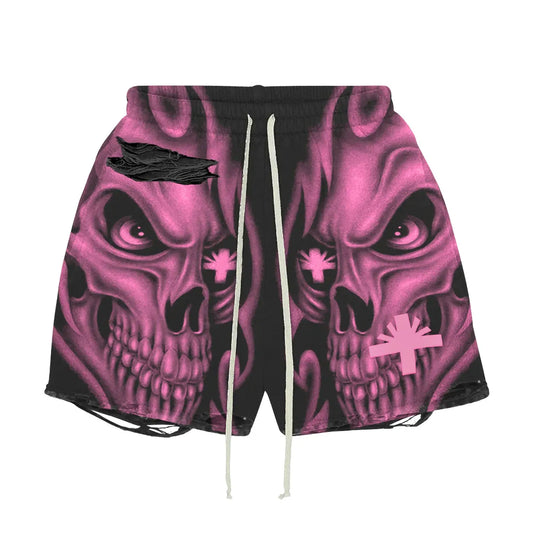 Skull Storm Distressed Shorts Black/Pink