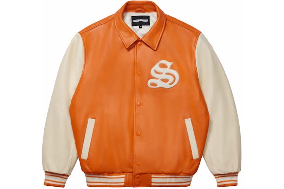 ORANGE LEATHER VARSITY JACKET