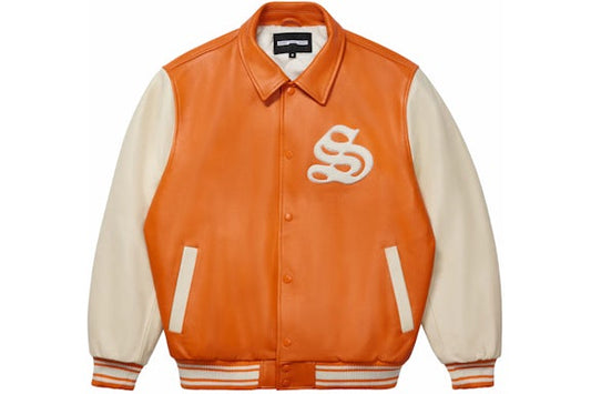 ORANGE LEATHER VARSITY JACKET