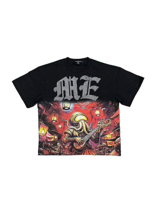 Octopus rhinestone black tee