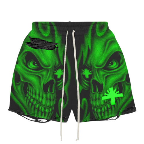 Skull Storm Distressed Shorts Black/Green