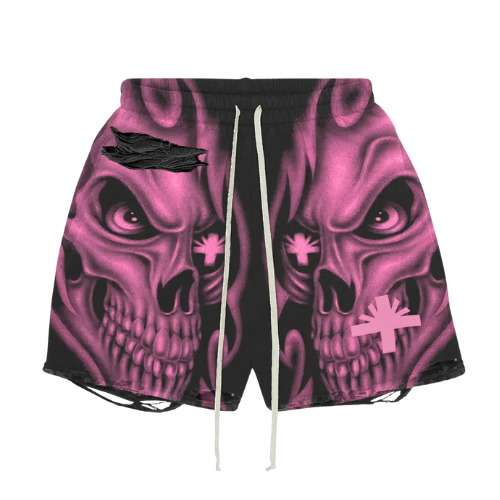 Skull Storm Distressed Shorts Black/Pink