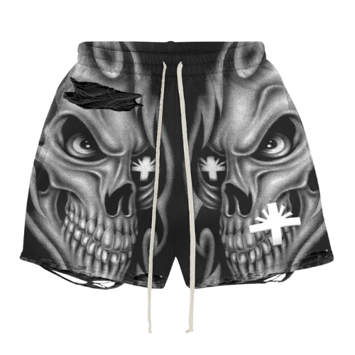 Skull Storm Distressed Shorts Black/Grey