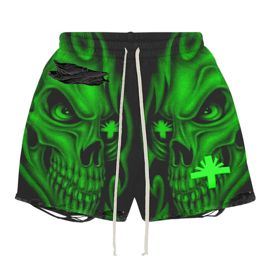 Skull Storm Distressed Shorts Black/Green